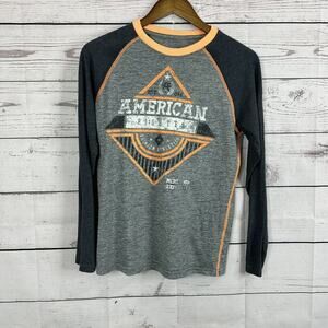 American Fighter Tee Shirt Top Womens Large Gray Orange Grunge Rock‎ Graphic